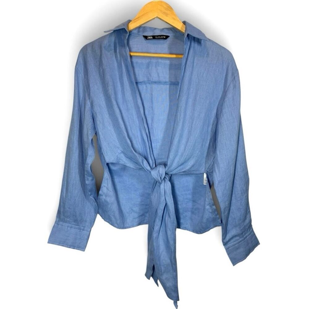 Zara Top Long Sleeve Open Tie Front Cropped Shirt 100% Linen Blue Womens Small